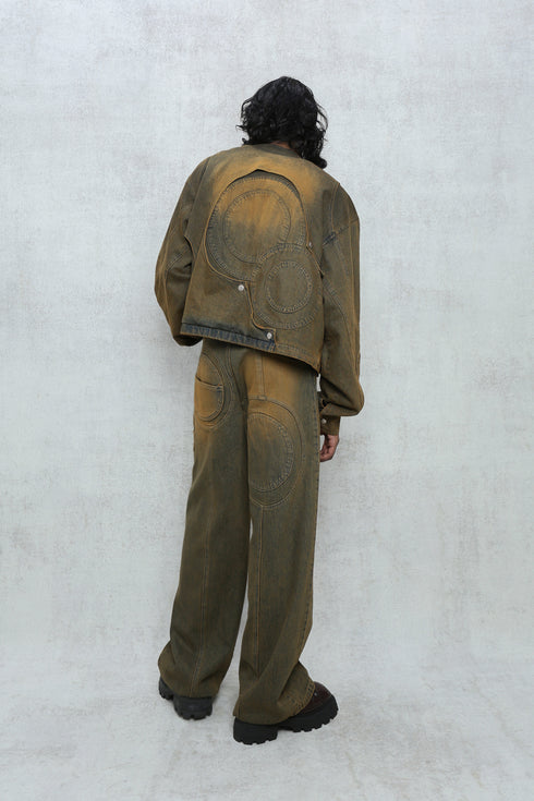 CIRCLE CUT-OUT DENIM JACKET -RUSTED BROWN-